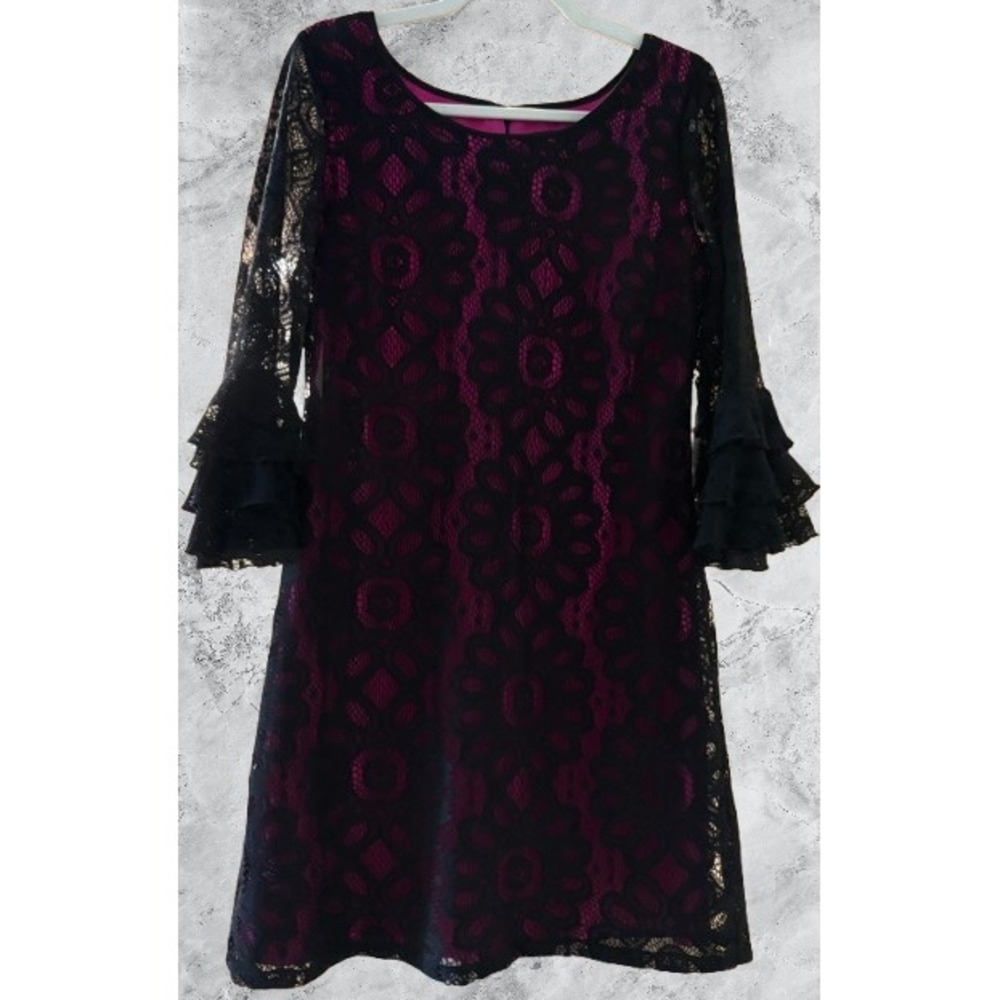 R&K Originals Womens Black Lace Magenta Pink Lining Ruffle Sleeve Shift Dress 8